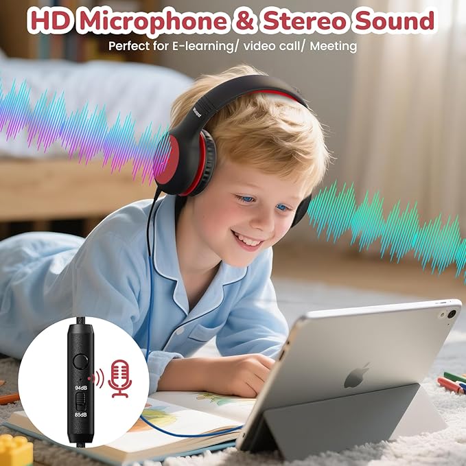 Kids USB C Headphones for School, 2025 Upgrade Safe Listening Wired Over-Ear Headphones with LED Lights, Volume Limiter & Microphone, Foldable Design for iPhone 16, iPad, Tablet (Black Red)