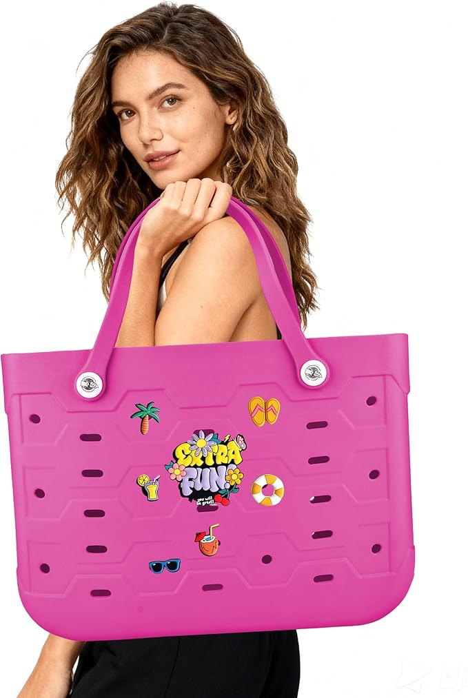 2-Piece Tote Bag Set, Waterproof Rubber Beach Bag with Summer Pattern, Medium & Large Handbag for Pool, Beach, Boat