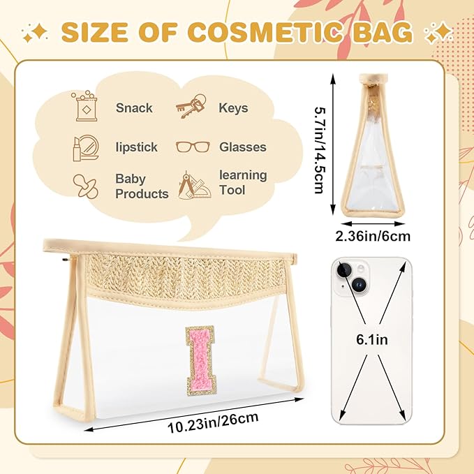 Small Boho Straw Initial Letter Makeup Bag Personalized Gift ,Cute Clear Chenille Patch Makeup Bag With Zipper,Trendy TSA Approved Travel Toiletry Bag,Gift for Women Girls Birthday Friend, Letter I