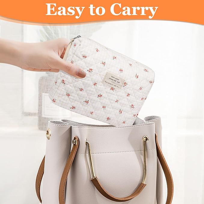 Floral Makeup Bag, Small Cosmetic Bag for Women Girls, Cute Cotton Makeup Bag, Quilted Makeup Bags, Flower Travel Toiletry Organizer Bag(Checkered Flower)