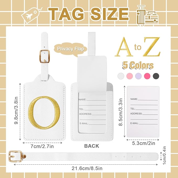 Personalized Initial Luggage Tags for Suitcase TSA Approved, White Leather Cute Luggage Tag with Privacy Cover Name Card, Embroidered Custom Luggage Tags Travel Baggage Tags Gifts for Women Kids(O)
