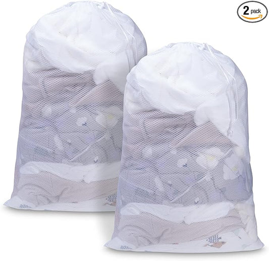 Meowoo Large Mesh Laundry Bag, 24×36inch Heavy Duty Mesh Laundry Bags Drawstring Lockable, Laundry Hamper Liner, Machine Washable, for Travel,Storage, Sports Factories, Dorms, White 2pcs