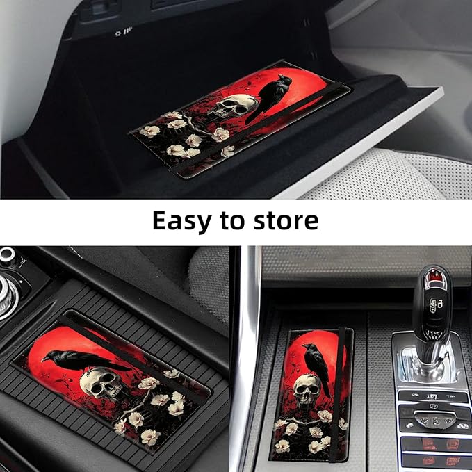 Car Registration and Insurance Holder PU Leather Vehicle Insurance and Registration Holders Wallet Case with Elastic Band Closure for ID Card, Driving Licence, Skull Crow Red Moon