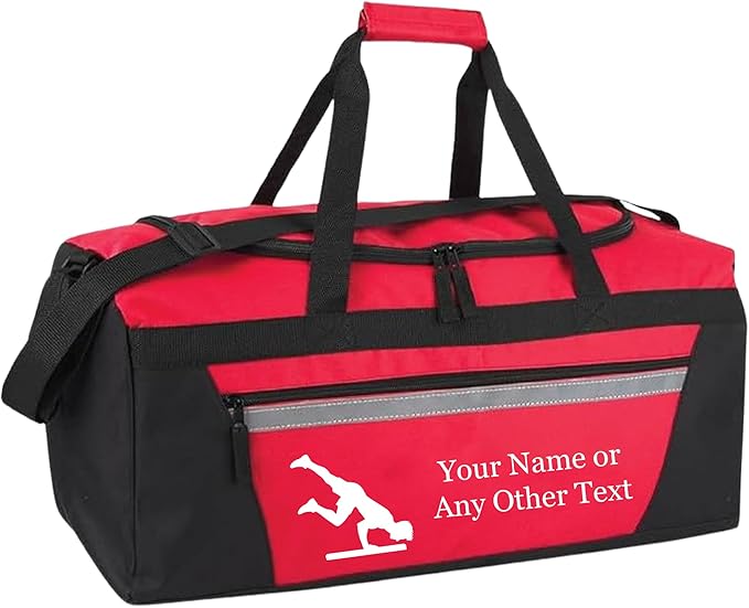 Personalized Sports Duffel Bags for Men and Women - 22” Customized Travel Duffle with Name & Gymnastics Design - Water Resistant Two-Toned Overnight Weekender Bag - Red