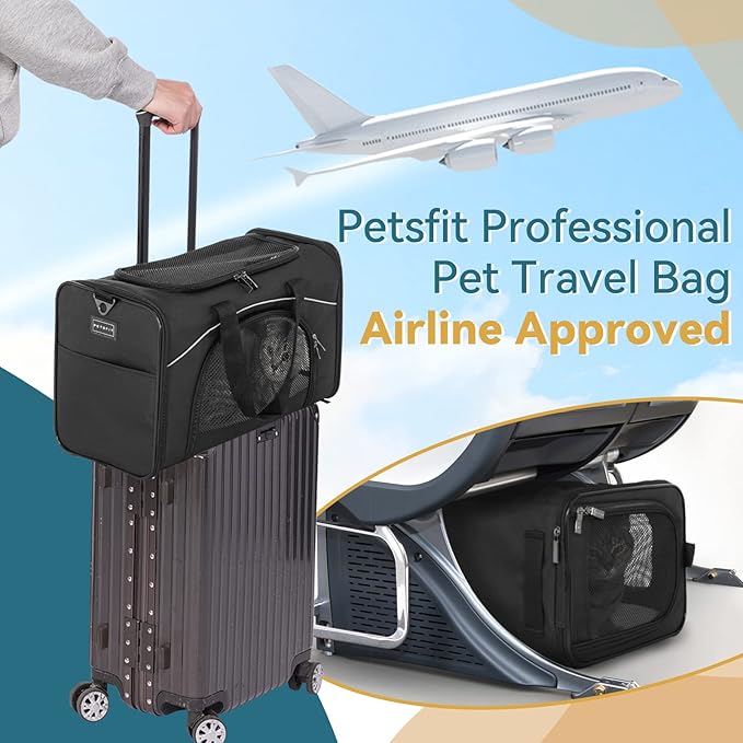 Petsfit Airline Approved Pet Carrier for Small Cats, 15x8x10 TSA Approved Carrier, with Removable Dual-Sided Padding (2-Way Placement) - Fits Under Most Airplane Seats, Escape Proof (Black)
