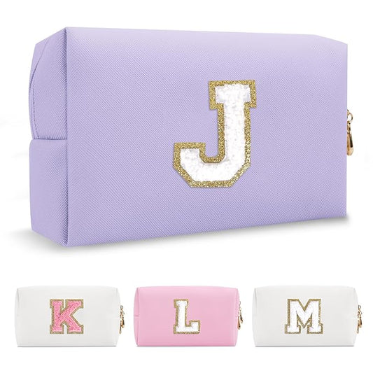 Personalized Makeup Bag Initial A-Z Preppy Patch Bag,Small PU Leather Travel Cosmetic Bag Pouch with Zipper,Purple Cute Toiletry Bag,Gift Ideal for Teen Girls Women Birthday Friend Mom,Latter J