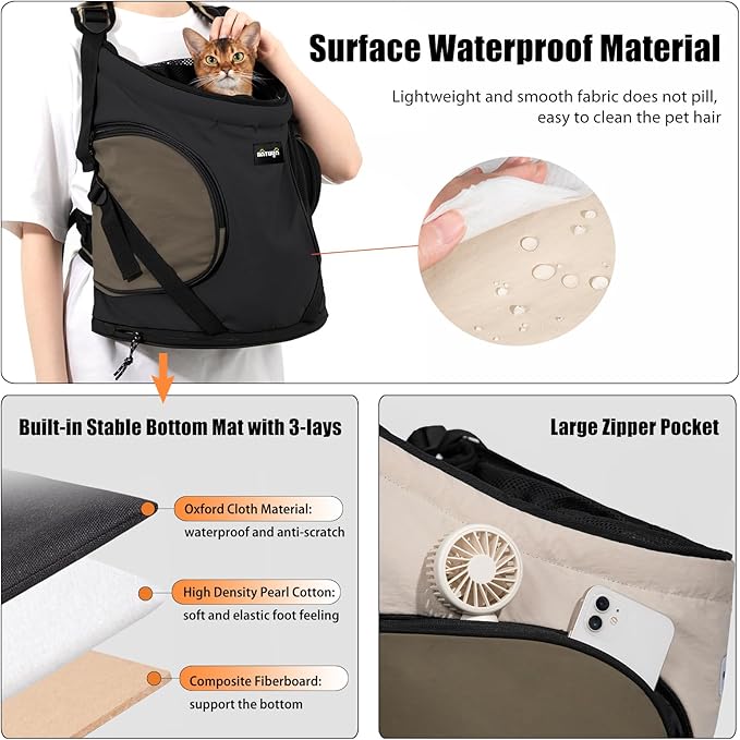 NATUYA Dog Front Carrier, Pet Carrier Front-Pack for Small Dog Puppy Cat, Travel Hiking Waterproof Lightweight Pet Bag, Padded Bottom Mat & Zip Pockets (Black)