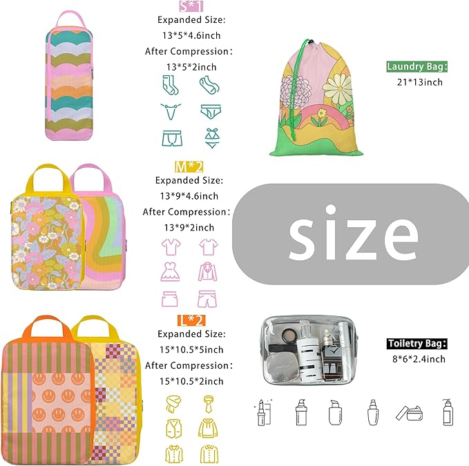 8 Pcs Compression Packing Cubes for Travel, Lightweight Waterproof Luggage Organizer Bags Set, Washable Packaging Cubes for Women Backpack Carry-On Suitcases