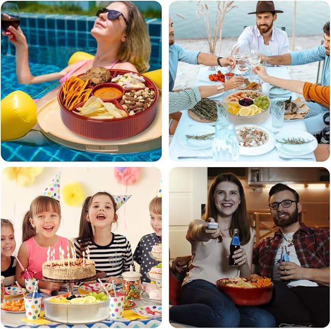 Snackle Box Container, Round Divided Serving Tray with lid 6parts (Red) for Veggie, Candy and Nuts Organizer, Snackle Charcuterie Boxes for Travel, Party and Picnic