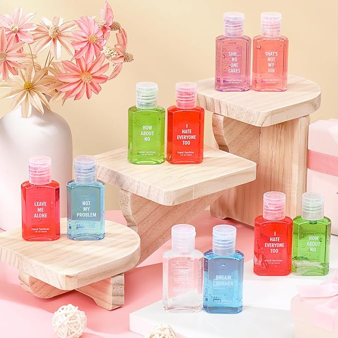 Frienda 24 Pcs Funny Hand Sanitizers with Sarcastic Sayings Mini Travel Size Pocket Hand Sanitizers Berry Peach 1 oz Gag Work Gifts for Christmas Stocking Stuffers Teacher Employee Appreciation Gifts