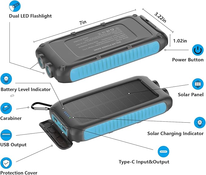 Solar Charger Power Bank 49800mAh Portable 15W Fast Charging Power Bank with QC3.0 USB-C & Dual USB-A Ports for Cell Phones, LED Flashlight, Carabiner, Waterproof Solar Panel for Camping, Outdoor