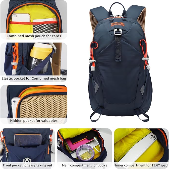 ROYAL MOUNTAIN 20L Lightweight Hiking Backpack With Rain-cover, Daypack Waterproof Travel Camping Backpacks for Men Women, Outdoor Sports Daypack For Camping, Daily Commuting, Short Trips (Navy Blue)