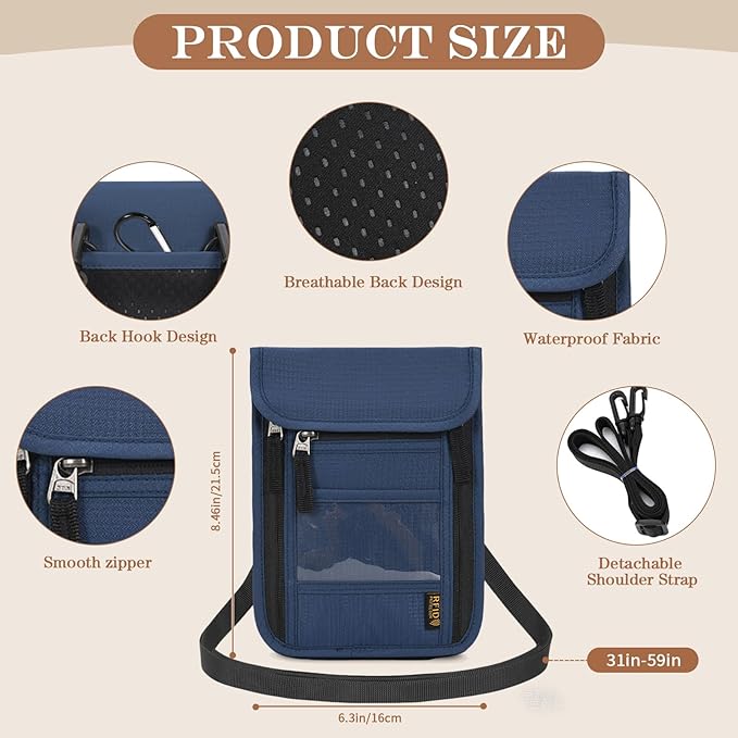 Passport Holder for Travel, Neck Pouch Travel Wallet With RFID Blocking, Waterproof Lightweight Passport Wallet for Women and Men (Dark Blue)