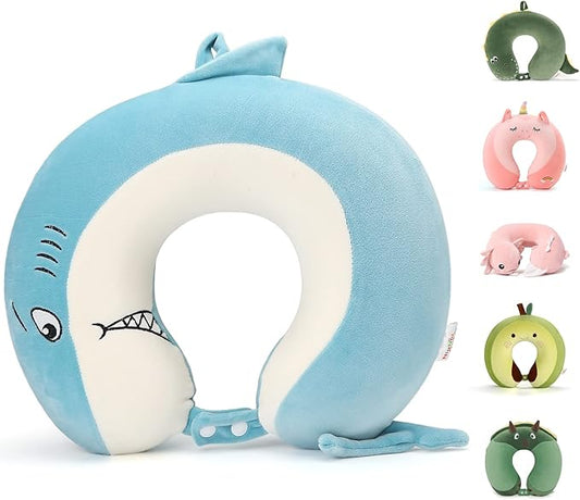 Niuniu Daddy Kids Travel Pillow for Airplane Road Trip Car Seat, Neck Chin Supporting, Stop Head from Falling Forward, Memory Foam with Cute Shark Animal Cover, Gift for Boy Girl - Shark Travel Pillow