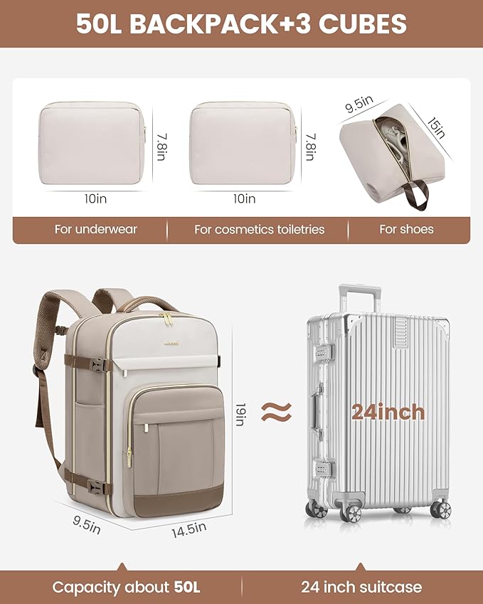 LOVEVOOK 50L Travel Backpack for Women & Men - 18 Inch Carry On Backpack & Personal Item Backpack for Airlines, Spacious and Durable Design, with 3 Packing Cubes