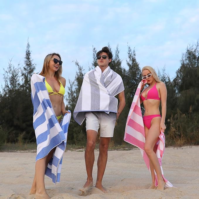 Cotton Oversized Beach Towel - Large 70 x 35 Inch Pool Towel, Turquoise Striped Quick Dry Swimming Cabana Towel