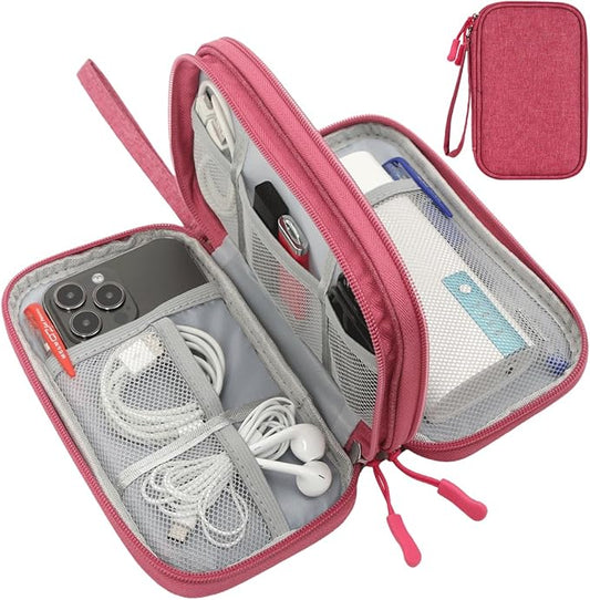 Small Cable Organizer Bag, Charger Organizer Case Pouch Travel Bag, Waterproof Electronics Accessories Case for USB, Cable, Cord, Charger, Phone, Power Bank, Earphone (Rose Red, Medium)