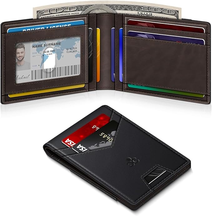Wallet for Men Slim Leather Wallets for 13-17 Cards, RFID Blocking Thin Card Holder Wallet with ID Window & Large Capacity Cash Slot, Minimalist Bifold Small Wallet for Front Pocket, Gift for Men