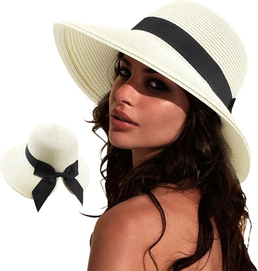 DRESHOW Sun Hats for Women Travel Fedora Foldable Beach Sun Hat Summer Wide Brim Straw Bucket Hat with Bowknot UPF 50+
