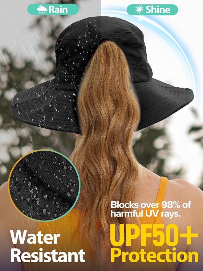 Sun Bucket Beach Hats for Women with Ponytail Hole,Sun Protection UV UPF50+ Waterproof Fishing Safari Hiking Hat