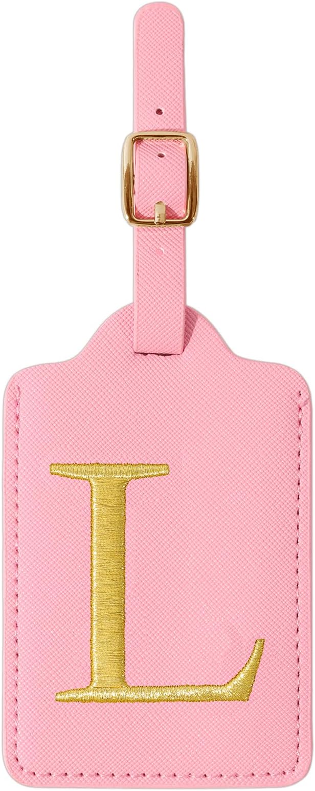 Personalized Initial Luggage Tags for Suitcase, Pink Leather Cute Luggage Tags with Privacy Cover Name Card, Embroidered Custom Monogrammed Luggage Tag Travel Bag Baggage Tags Gifts for Women Kids(L)