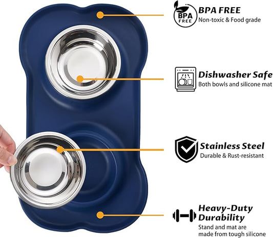 Hubulk Pet Dog Bowls 2 Stainless Steel Dog Bowl with No Spill Non-Skid Silicone Mat + Pet Food Scoop Water and Food Feeder Bowls for Feeding Small Medium Large Dogs Cats Puppies (Large, Navy Blue)