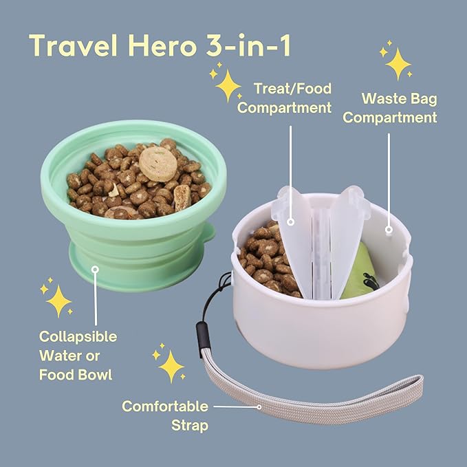 Sweet Paws Travel Hero 3-in-1 Portable Pet Food Container, Silicone Water Bowl, and Poop Bag Dispenser in One, Glacier