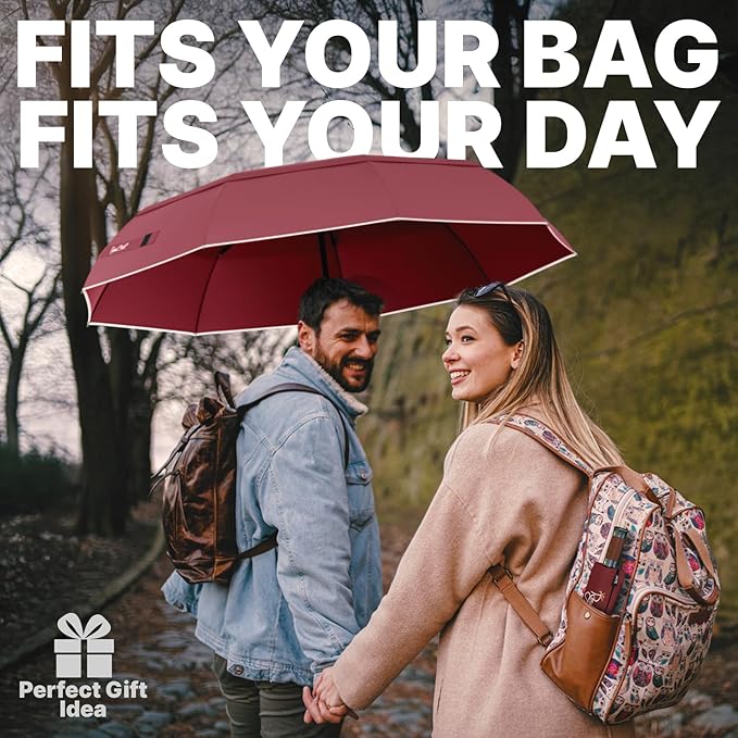 Royal Walk Windproof Folding Travel Umbrella Compact and Strong Luxurious Real Wood Handle Automatic Open Close Vented Double Canopy for Men and Women