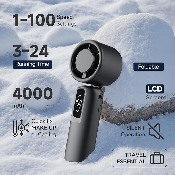 Guirngou Portable Handheld Turbo Fan, 1-100 Gear Wind, Battery Operated, Up to 23 Working Hours, 3 IN 1 Personal Fan with Air Turbo Tech, Cooling Essentials for Indoor/Outdoor