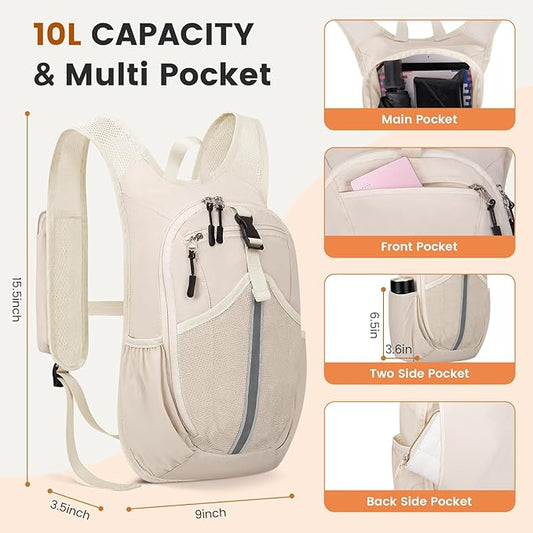 Small Hiking Backpack 10L- Lightweight Packable Foldable Backpack for Travel Camping Outdoor Commute, Compact Rucksack for Women Men(Beige)
