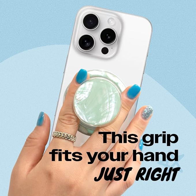 OnTheGrip Cute Natural Seashell Design Round Shape Collapsible Mobile Phone Grip Stand Holder for Smartphone Tablet Cell Phone Accessory (Aqua Blue)