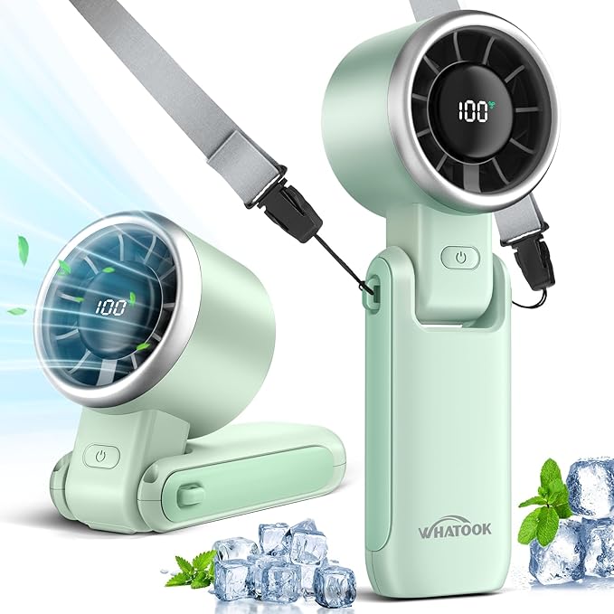 WHATOOK Portable Handheld Turbo Fan: Mini Fans with 5 Gear Wind, 4000mAh Battery Operated Rechargeable, Up to 12 Working Hours, 3 IN 1 Hand Fans for Outdoor, Travel, Working, Shopping (Green)