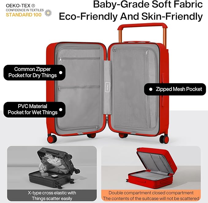 mixi Luggage Suitcases With Spinner Wheels,Upgrade Wide Handle PC Hardshell Rolling Travel Suitcase with TSA Lock, Checked-Medium 24-Inch, Red