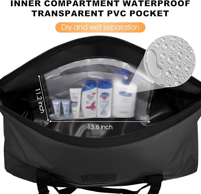 Waterproof Duffel Bag, 70L Roll-top Motorcycle Dry Bag with Air Valve & Quick-fixed Straps, Travel Duffle Bags for Kayaking Paddle Boarding Rafting Boating Camping Riding Fishing - Black