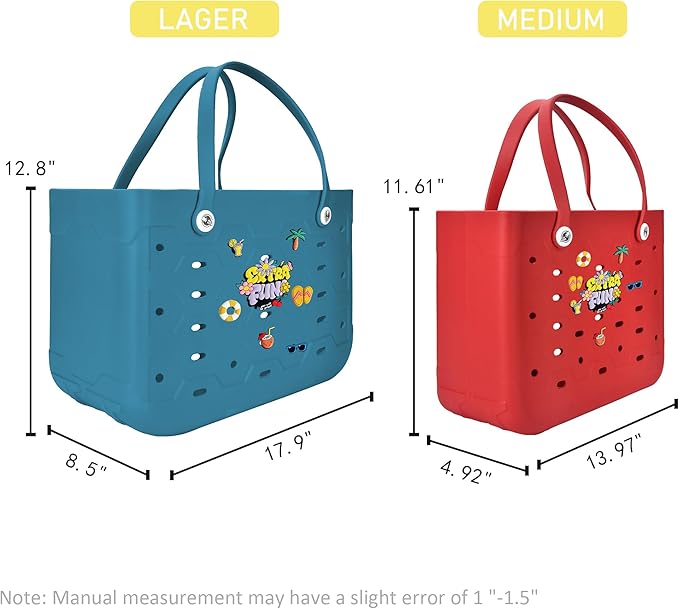 2-Piece Tote Bag Set, Waterproof Rubber Beach Bag with Summer Pattern, Medium & Large Handbag for Pool, Beach, Boat
