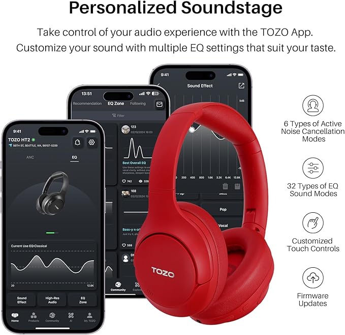 TOZO HT2 Hybrid Active Noise Cancelling Headphones, Wireless Over Ear Bluetooth Headset, 60H Playtime, Hi-Res Audio Custom EQ via App Deep Bass Comfort Fit Ear Cups, for Home Office Travel