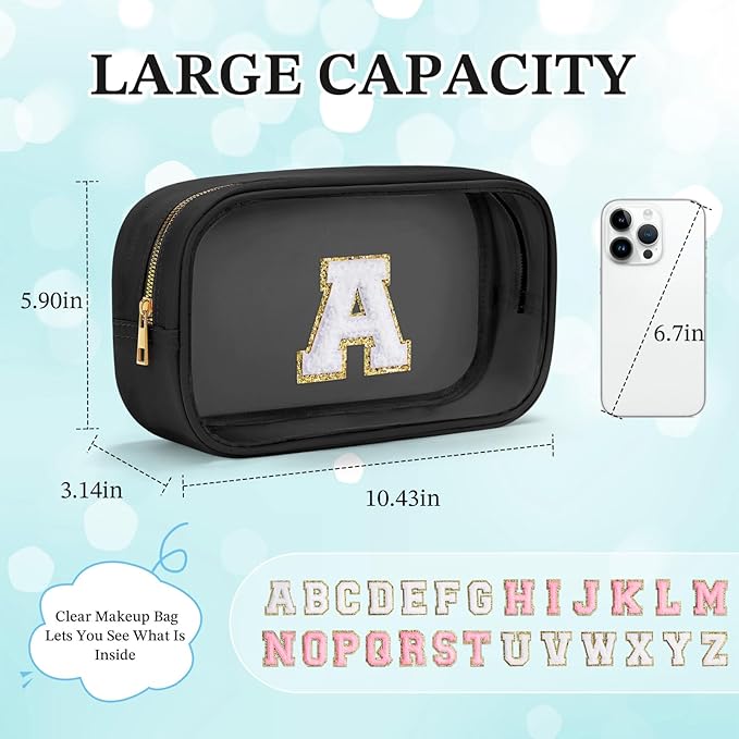 YOOLIFE Travel Toiletry Bag for Women, Black Clear Makeup Bag Cute Make Up Bag for Women Cosmetic Bags Skin Care Makeup Bag Organizer Birthday Gifts for Women Teacher Mother Girlfriend Initial P