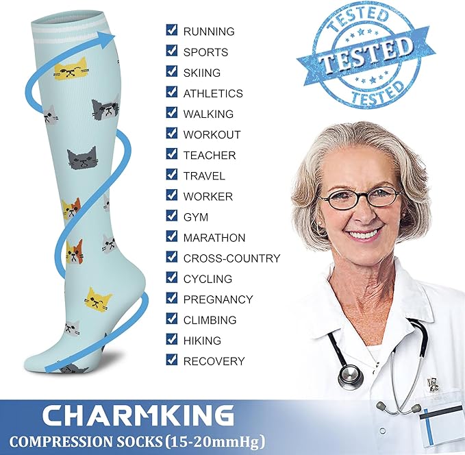 CHARMKING Compression Socks for Women & Men Circulation (8 Pairs) 15-20 mmHg is Best Support for Athletic Running,Cycling