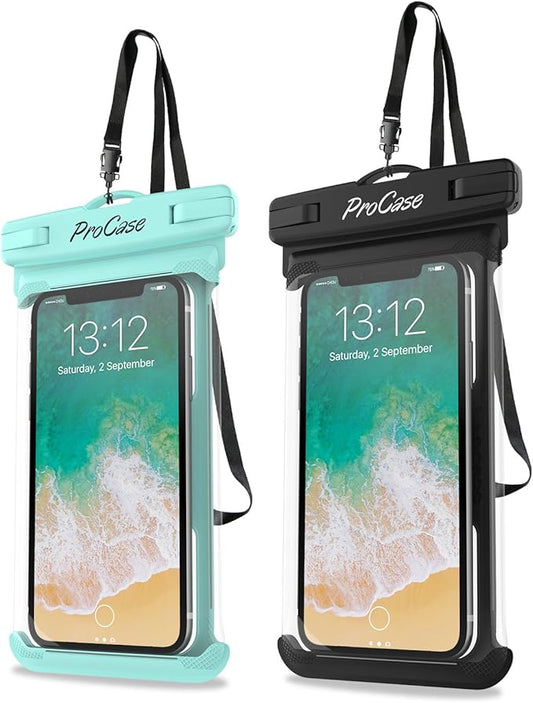 ProCase 2 Pack Waterproof Phone Pouch, Underwater Phone Case Up to 7", Dry Bag for iPhone 17 Air 16 15 14 13 Pro Plus Max, Galaxy S24 S23 S22 Ultra Pixel, Beach Essentials -Green & Black