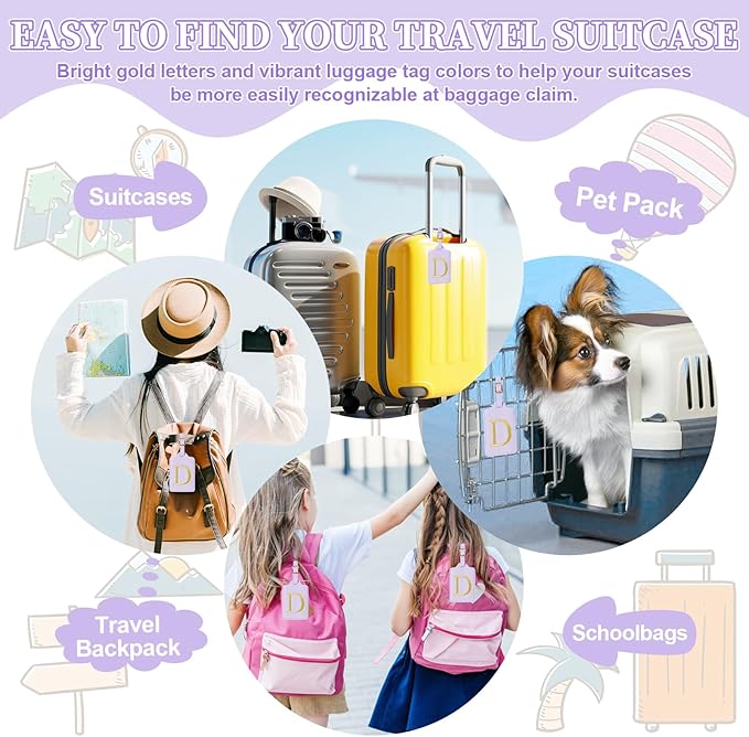 Personalized Initial Luggage Tags for Suitcase, Purple Leather Cute Luggage Tags with Privacy Cover Name Card, Embroidered Custom Monogrammed Luggage Tag Travel Backpack Tags Gifts for Women Kids(D)