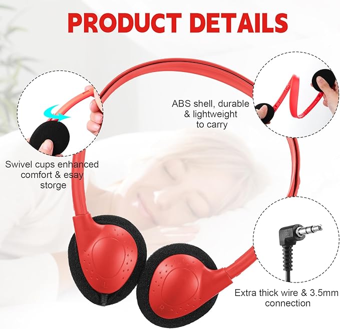Konohan 30 Pack Headphones Bulk Headphone for School Classroom Student Wired Headphones Adjustable with 3.5 mm Jack for Adults (Red)