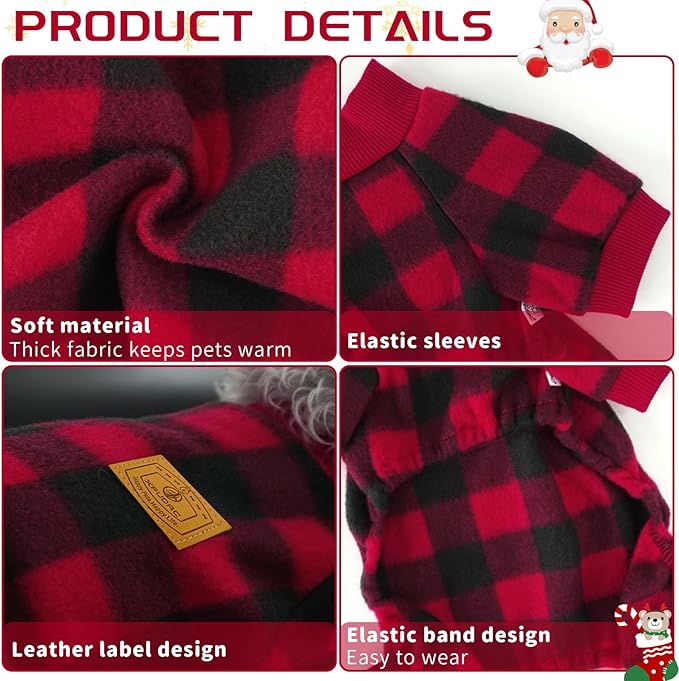 XPUDAC Dog Christmas Pajamas Plaid Doggie Clothes for Small Medium Dogs Girl Boy Fleece Pet Sweater for Winter Christmas(X-Small)