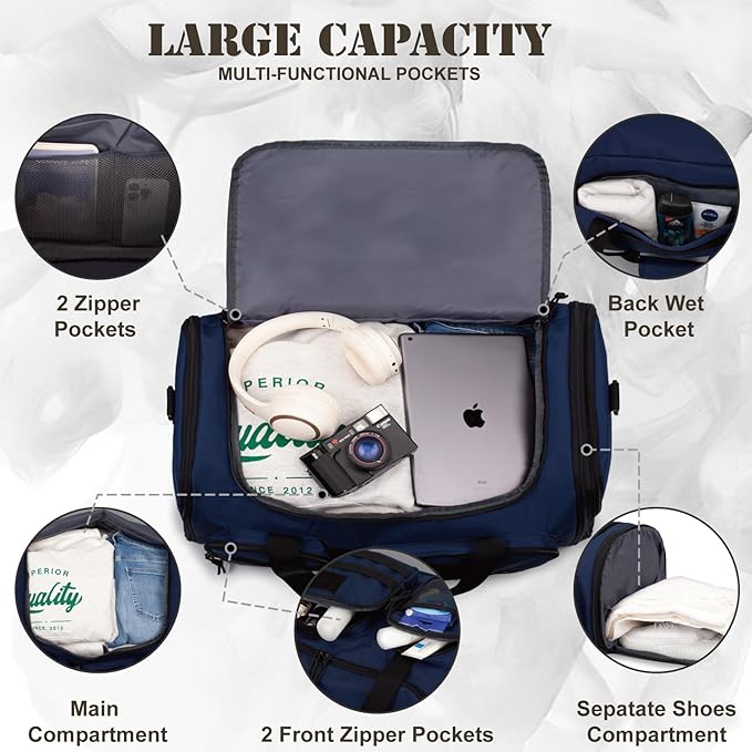 Tactical Duffle Bag For Travel Expandable 52L Large Duffle Bag For Men Gym Duffel With Wet Pocket Multi-Functional Carry On Bags Weekender Overnight Bag Organizer Duffel Bag For Travel