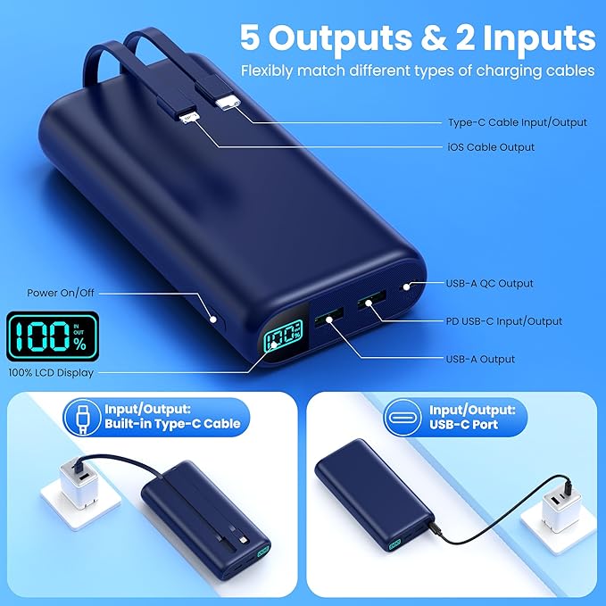 Portable Charger 40,800mAh Power Bank with Built-in Cables,5 USB Output Battery Pack Backup,25W PD USB-C in&out Phone Charging Compatible with iPhone 17/16/15,Android Samsung Galaxy Pixel Nexus-Blue