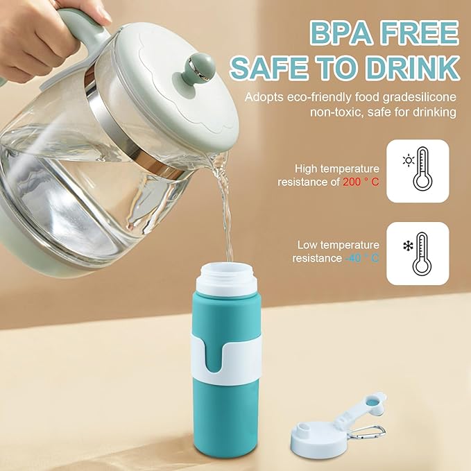 Collapsible Water Bottles for Travel - 26oz BPA-Free Foldable with Carabiner, Lightweight Leak-Proof Design, Portable Reusable Bottle for Hiking, Airplane, Camping (Green)