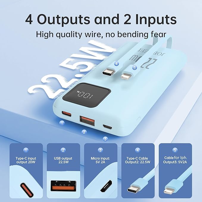 Portable Charger built-in Cables,Super fast charging Power Bank with Cords Wires,Slim 10000mAh Travel Battery Pack 4 Outputs 2 Inputs 3A Fast Charging compatible with IPhone Samsung Android (Blue)