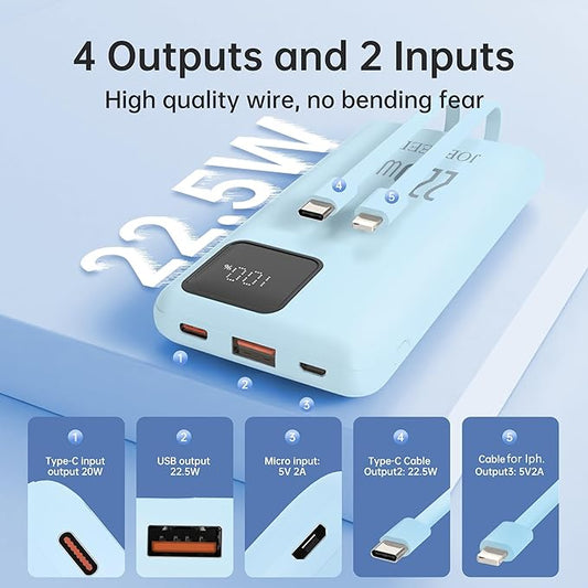 Portable Charger built-in Cables,Super fast charging Power Bank with Cords Wires,Slim 10000mAh Travel Battery Pack 4 Outputs 2 Inputs 3A Fast Charging compatible with IPhone Samsung Android (Blue)
