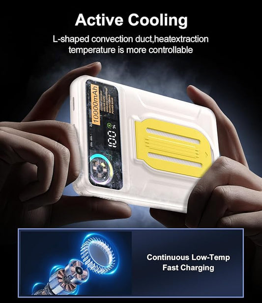 Magnetic Power Bank 10000mAh,Foldable Wireless Portable Charger with Fan Active Cooling System,Fast Charging Battery Pack,Compatible with iPhone 16/15/14/13/12 Pro/Pro Max/Plus/Mini