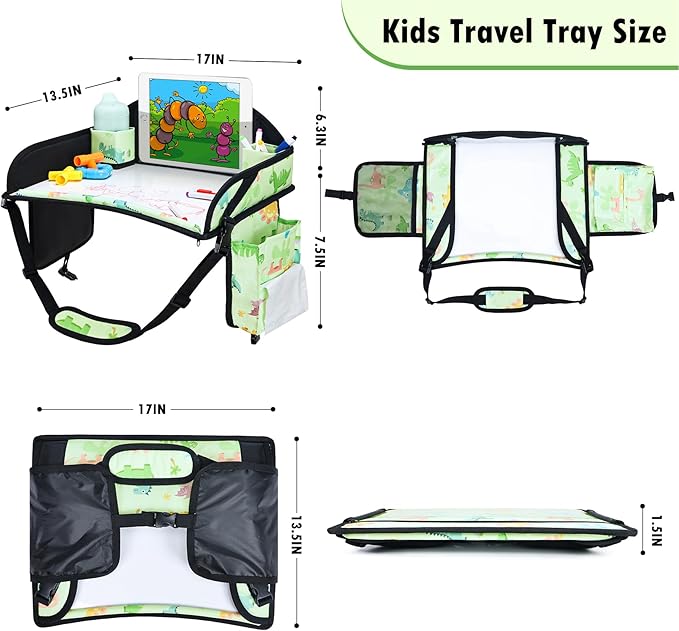 WENRENER Kids Travel Tray, Car Seat Tray for kids Travel, Toddler Road Trip Essentials With Drawing Kit, Toddler Lap Desk Organizer for Car, Carseat Table for Airplane