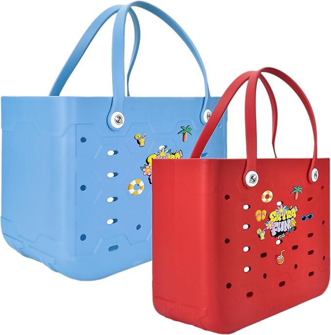 2-Piece Tote Bag Set, Waterproof Rubber Beach Bag with Summer Pattern, Medium & Large Handbag for Pool, Beach, Boat